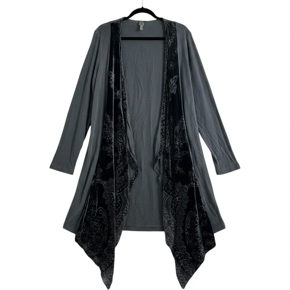 XCVI Cardigan XL Gray Burnout Velvet Silk Blend Open Front Boho Whimsigoth
